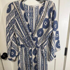 Blue and White Romper with Geometric Print, Belle Sleeves and Crochet Trim, Size